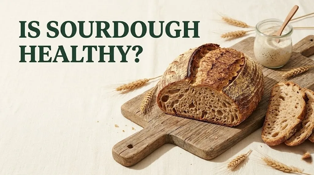 Artisan sourdough loaf sliced open on a wood board with the text Is Sourdough Healthy as a hero banner headline.