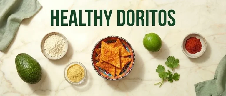 Baked homemade healthy Dorito chips in a bowl with masa harina and avocado, text reading healthy doritos.