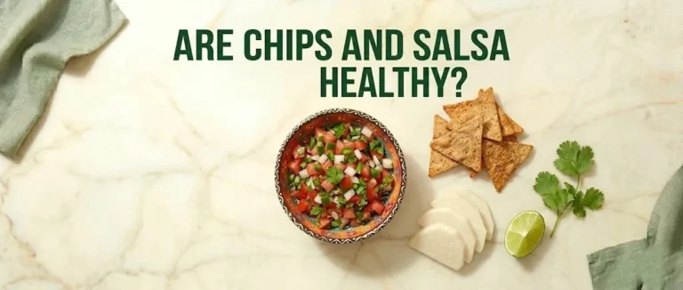 Baked tortilla chips and fresh pico de gallo salsa with jicama slices, text reading are chips and salsa healthy.