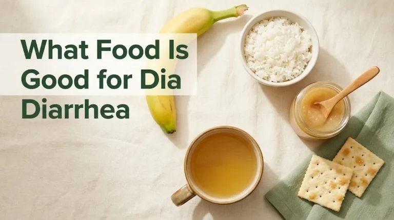 Best foods good for diarrhea including bananas, white rice, applesauce, crackers, and broth on a light background.