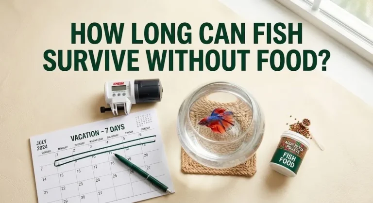 Betta fish in a bowl with an automatic feeder and calendar, asking how long can fish survive without food.