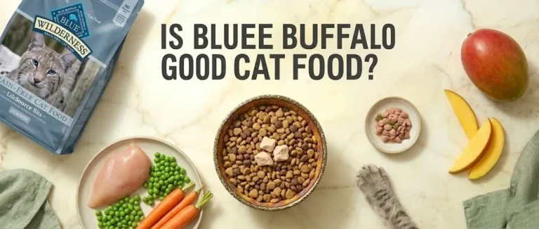 Blue Buffalo cat food kibble with fresh ingredients and a cat paw, asking is blue buffalo good cat food.