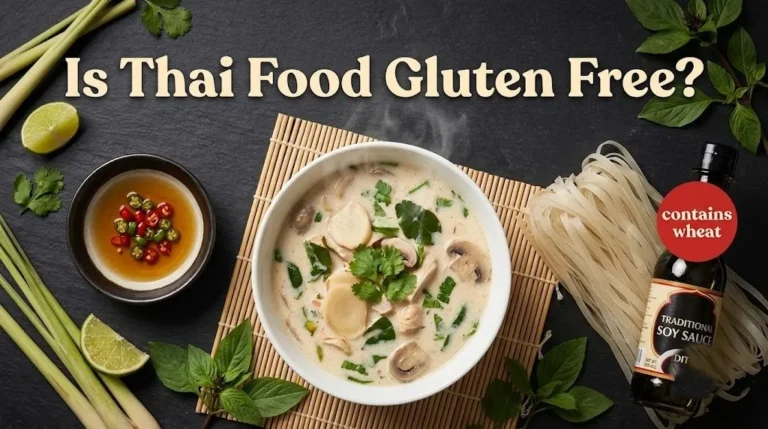 Bowl of Tom Kha soup with rice noodles surrounding soy sauce bottle marked under headline Is Thai Food Gluten Free