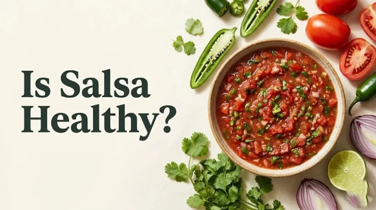 Bowl of fresh red salsa with tomatoes, jalapeƱos, and cilantro under the headline Is Salsa Healthy food photography banner