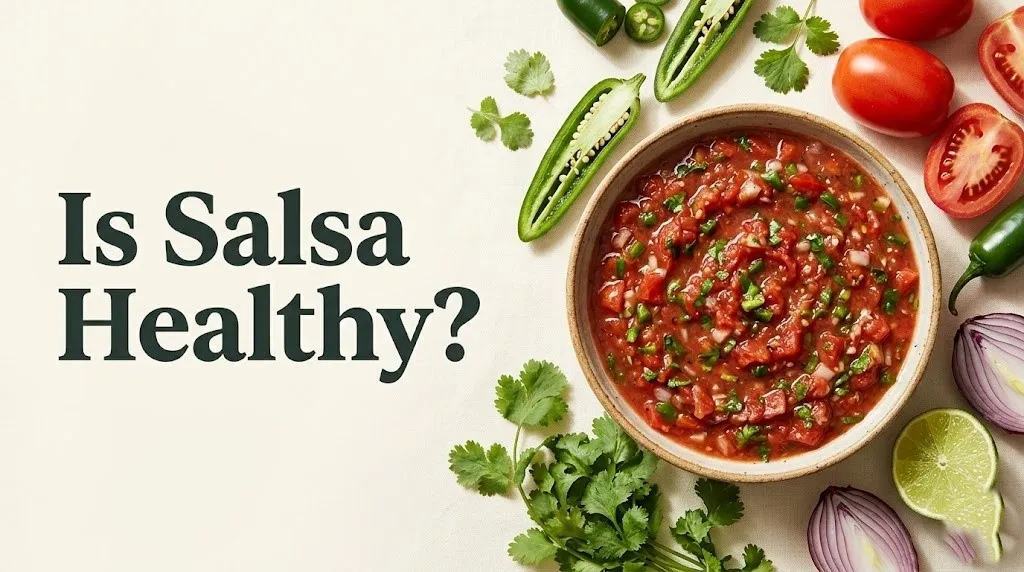 Bowl of fresh red salsa with tomatoes, jalapeños, and cilantro under the headline Is Salsa Healthy food photography banner