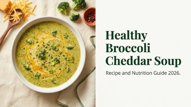 Bowl of healthy broccoli cheddar soup with broccoli florets and melted cheddar, with text reading Healthy Broccoli Cheddar Soup