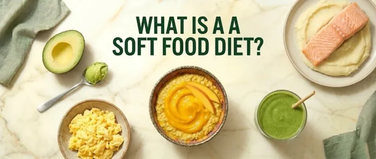 Bowl of oatmeal with mango purée, surrounded by avocado, scrambled eggs, and salmon, text what is a soft food diet.