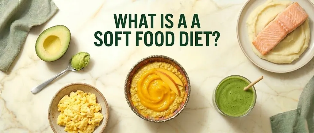 Bowl of oatmeal with mango purée, surrounded by avocado, scrambled eggs, and salmon, text what is a soft food diet.