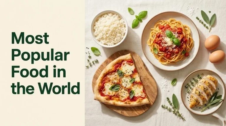 Bowl of rice, pizza slice, pasta, chicken, and eggs arranged as the most popular food in the world flat-lay banner.