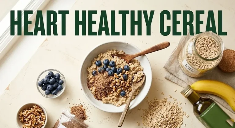 Bowl of steel-cut oatmeal with blueberries and walnuts, surrounded by oats and flaxseed, text heart healthy cereal.