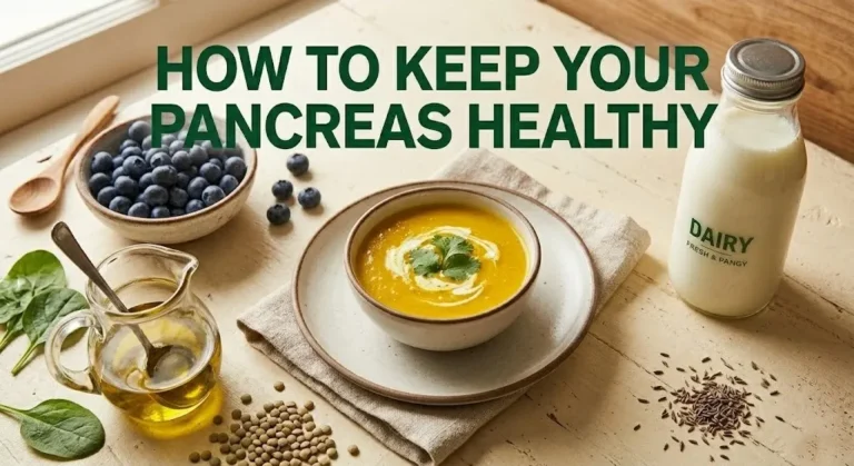 Bowl of turmeric lentil soup surrounded by olive oil, spinach, and blueberries, text how to keep your pancreas healthy.