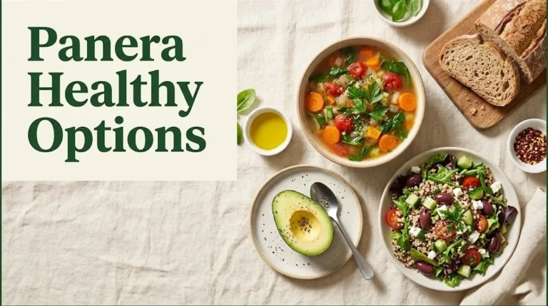 Bowl of vegetable soup and fresh salad ingredients illustrating Panera healthy options on a cream background