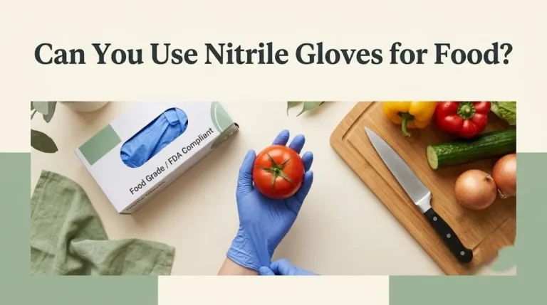 Can You Use Nitrile Gloves for Food banner showing a blue gloved hand holding a tomato next to a food-grade glove box.