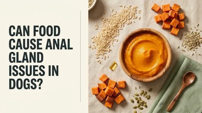 Can food cause anal gland issues in dogs pumpkin puree, sweet potato, and high-fiber foods on linen background