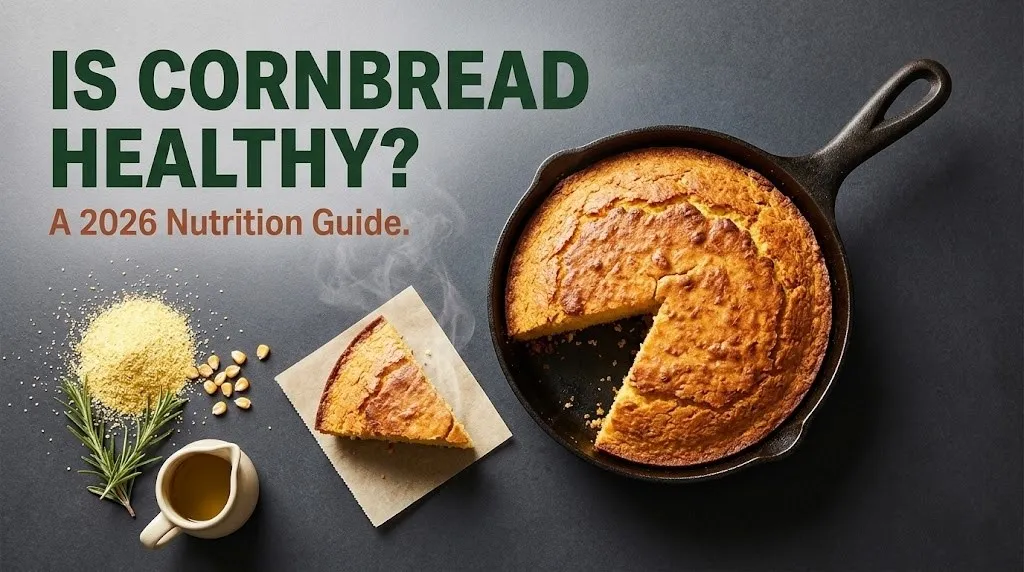 Cast iron skillet cornbread on charcoal surface with cornmeal and olive oil. Headline reads Is Cornbread Healthy