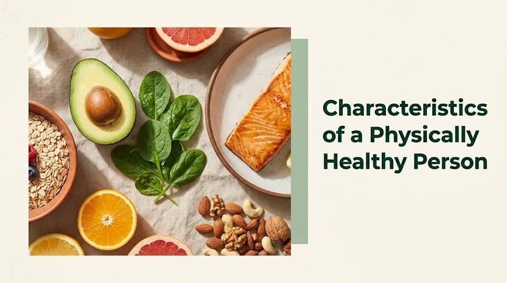 Characteristics of a physically healthy person shown with whole foods including salmon, avocado, spinach, and oats on a cream background