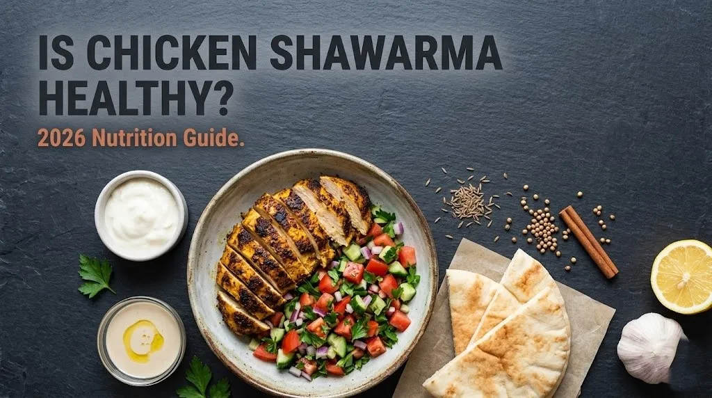 Chicken shawarma bowl with fresh vegetables, toum, tahini, pita, and whole spices on dark slate. Headline reads Is Chicken Shawarma Healthy