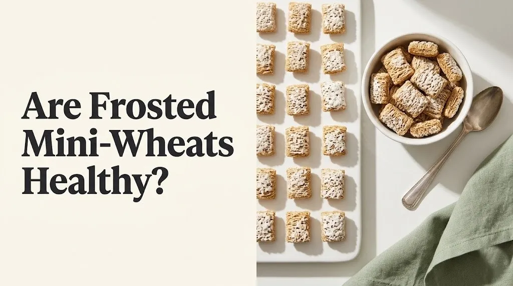 Close-up of Frosted Mini-Wheats biscuits in a white bowl with the text Are Frosted Mini-Wheats Healthy on cream background