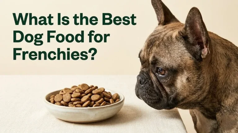 Close-up of a brindle French Bulldog next to a bowl of flat kibble with the headline What Is the Best Dog Food for Frenchies in bold green type.
