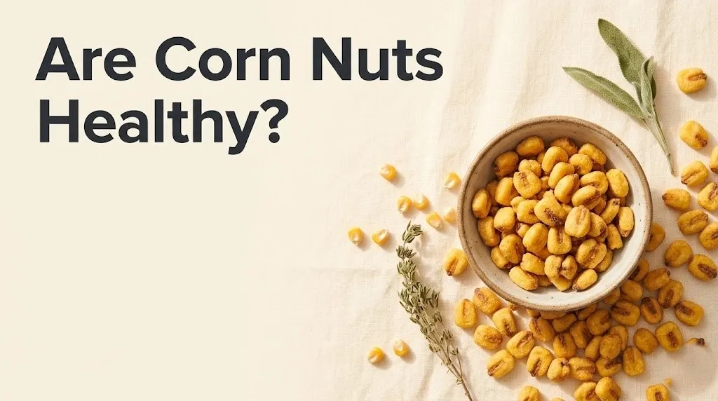 Close-up of golden corn nuts in a bowl with Are Corn Nuts Healthy text on a cream background