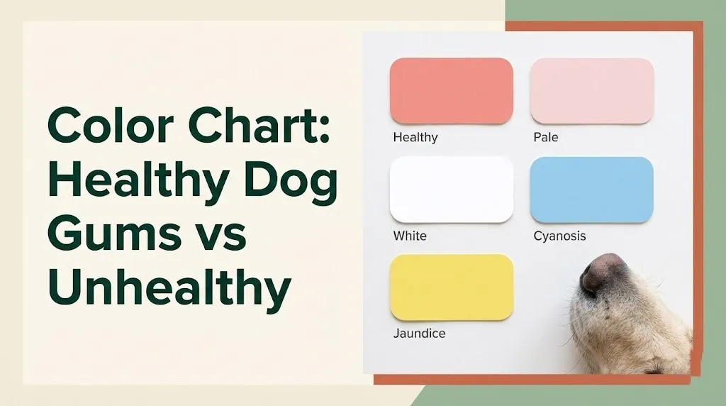 Color chart showing healthy dog gum color vs unhealthy gum colors including pale, white, blue, and yellow shades.