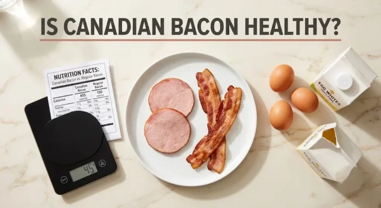 Comparing Canadian bacon medallions and regular bacon strips with nutrition label. Text reads Is Canadian Bacon Healthy