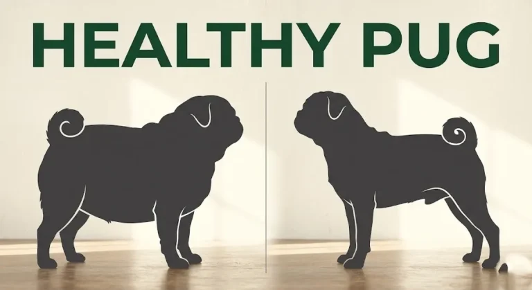 Comparison of an unhealthy flat-faced pug and a healthy pug with a longer muzzle, text healthy pug.