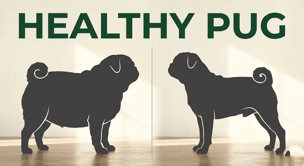 Comparison of an unhealthy flat-faced pug and a healthy pug with a longer muzzle, text healthy pug.