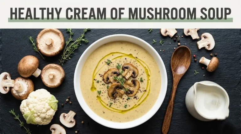 Creamy mushroom soup in a white bowl with fresh mushrooms and thyme. Text reads Healthy Cream of Mushroom Soup.