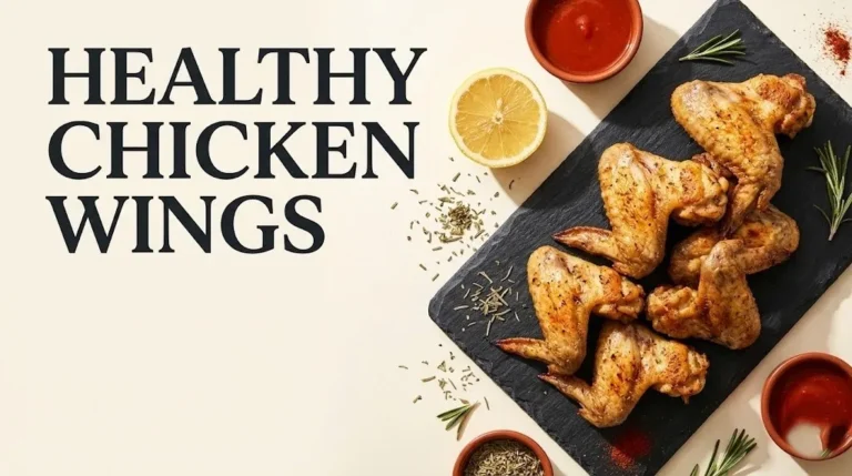 Crispy healthy chicken wings on a slate board with hot sauce and herbs, styled food photography banner for healthy chicken wings guide