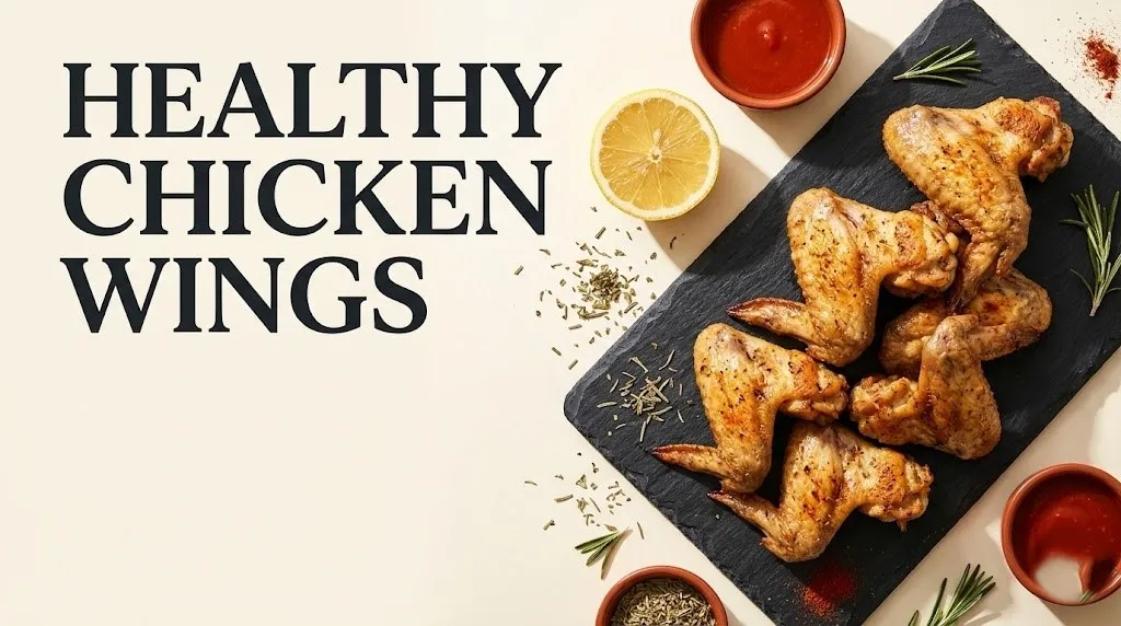 Crispy healthy chicken wings on a slate board with hot sauce and herbs, styled food photography banner for healthy chicken wings guide