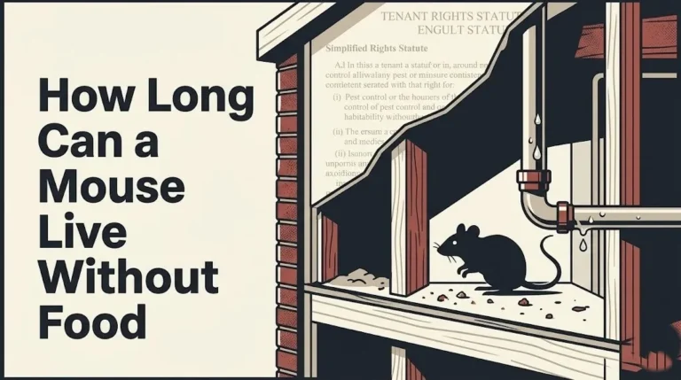 Cutaway house wall illustration with mouse silhouette and legal document texture, showing how long can a mouse live without food.