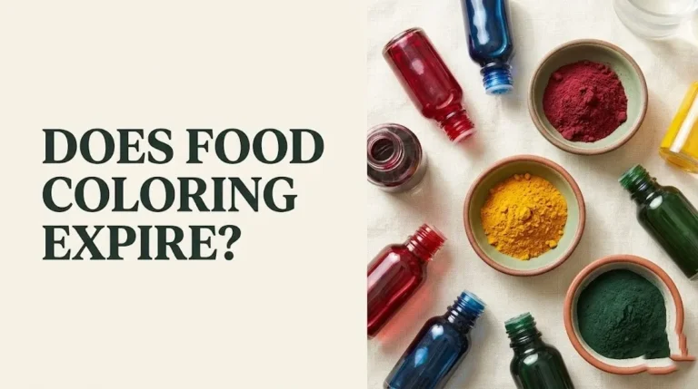 Does food coloring expire guide showing liquid food coloring bottles and natural colorant powders on a cream surface