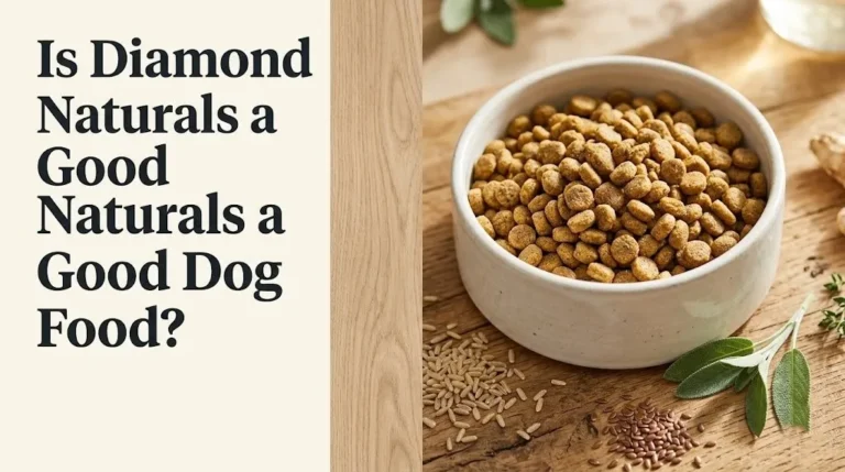 Dog bowl filled with Diamond Naturals dry kibble on wood surface with grains, text reads is diamond naturals a good dog food