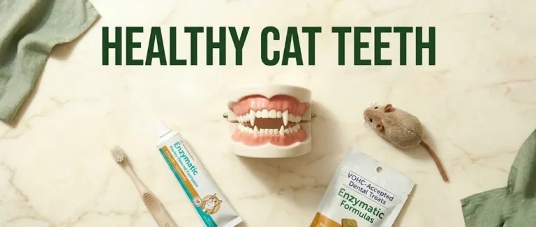 Feline dental model with healthy white teeth and pink gums, toothbrush, and treats, text says healthy cat teeth.