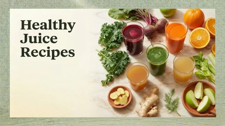 Five glasses of colorful healthy juice recipes surrounded by fresh fruits, vegetables, and ginger root on a cream background.