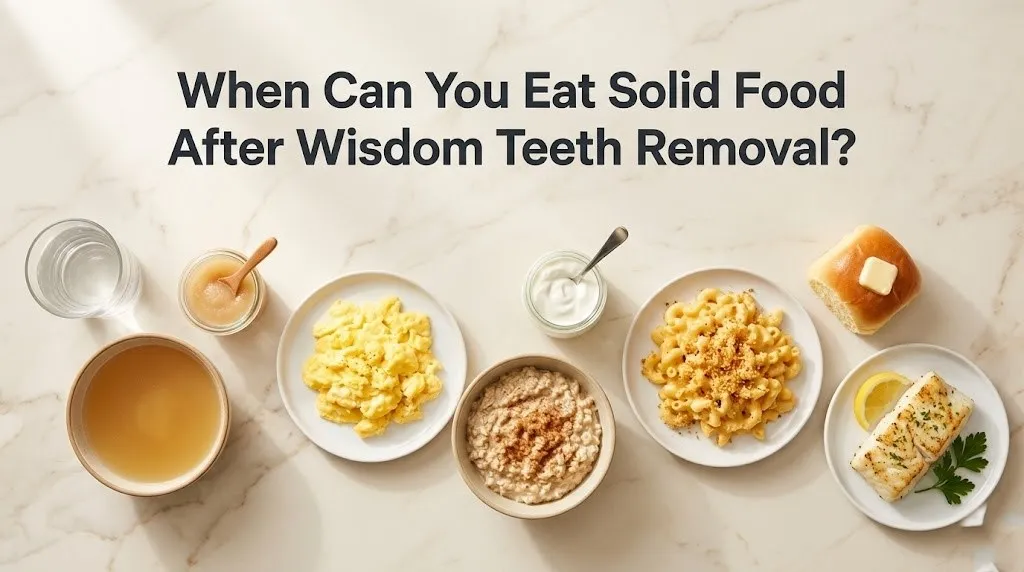 Flat-lay food timeline for wisdom teeth recovery with broth, eggs, oatmeal, and pasta with the headline When Can You Eat Solid Food After Wisdom Teeth Removal in charcoal type.