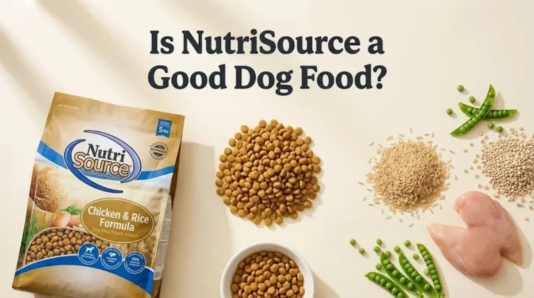Flat-lay image of NutriSource dog food bag with kibble and whole ingredients, with the headline Is NutriSource a Good Dog Food as text overlay.