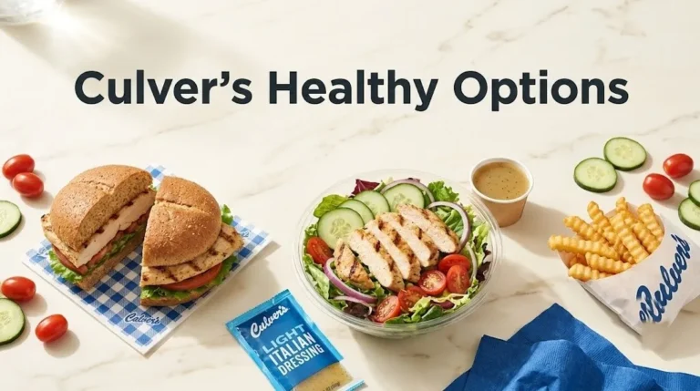 Flat-lay of Culver's grilled chicken sandwich, salad, and small fries with dressing, with the headline Culver's Healthy Options as text overlay.