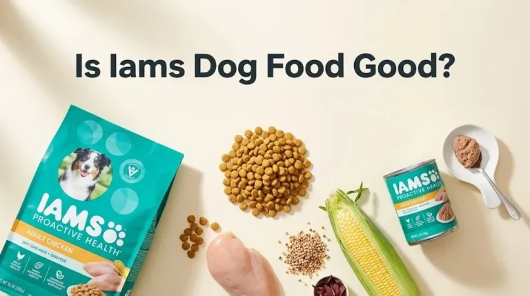 Flat-lay of Iams dry and wet dog food with kibble and pate samples, with the headline Is Iams Dog Food Good as text overlay.