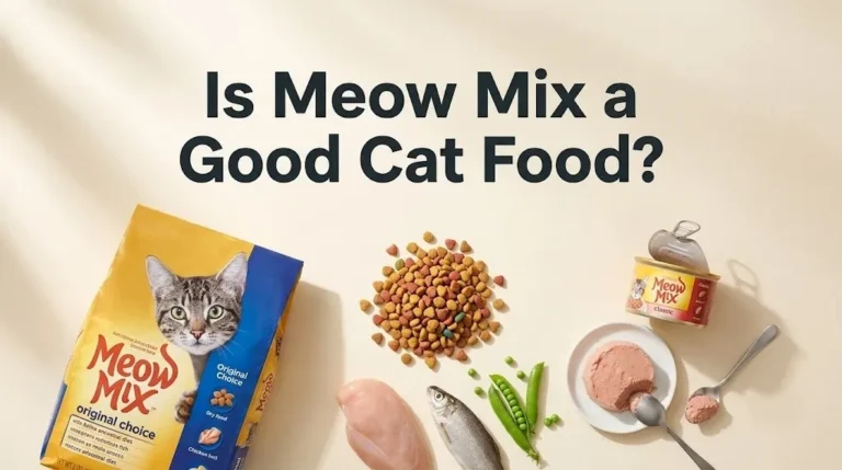 Flat-lay of Meow Mix dry and wet cat food with kibble and pate samples, with the headline Is Meow Mix a Good Cat Food as text overlay.