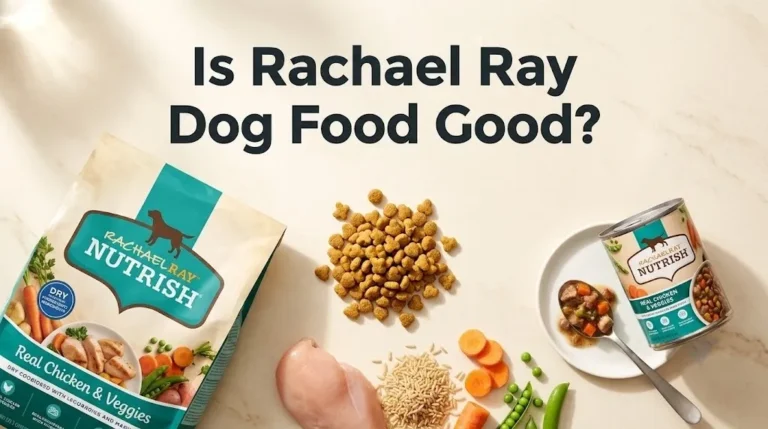 Flat-lay of Nutrish dry and wet dog food with kibble and stew samples, with the headline Is Rachael Ray Dog Food Good as text overlay.