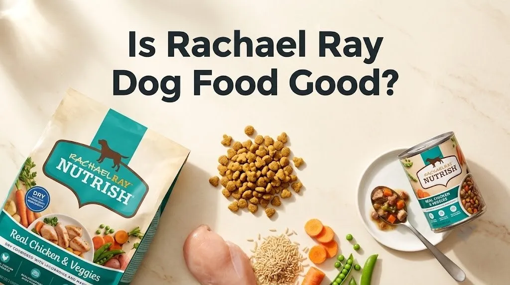 Flat-lay of Nutrish dry and wet dog food with kibble and stew samples, with the headline Is Rachael Ray Dog Food Good as text overlay.