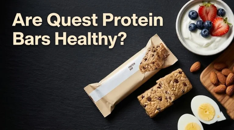 Flat-lay of Quest protein bars split open beside Greek yogurt, almonds, and an egg with the headline Are Quest Protein Bars Healthy in cream type.