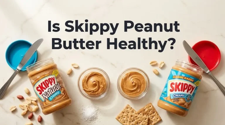 Flat-lay of Skippy Natural and classic peanut butter jars with measured portions and raw peanuts.