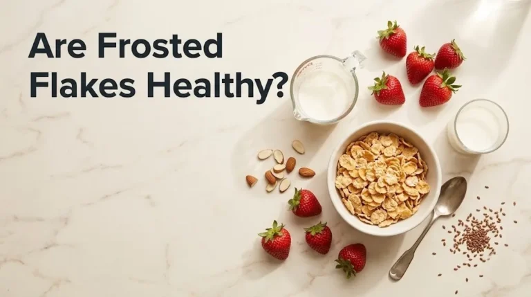 Flat-lay of a bowl of Frosted Flakes with strawberries and almonds, with the headline Are Frosted Flakes Healthy in bold charcoal type.