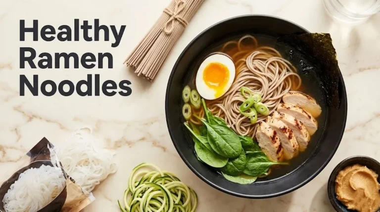 Flat-lay of a healthy ramen bowl with soba noodles, chicken, and egg surrounded by noodle alternatives with the headline Healthy Ramen Noodles in charcoal type.