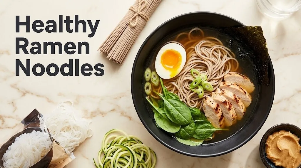 Flat-lay of a healthy ramen bowl with soba noodles, chicken, and egg surrounded by noodle alternatives with the headline Healthy Ramen Noodles in charcoal type.