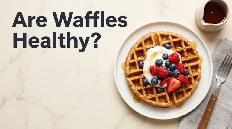 Flat-lay of a whole-grain waffle topped with Greek yogurt and fresh berries with the headline Are Waffles Healthy in bold charcoal type.