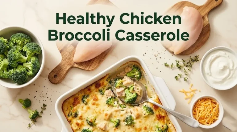 Flat-lay of baked chicken broccoli casserole in a white dish with fresh broccoli, chicken, and yogurt with the headline Healthy Chicken Broccoli Casserole in green type.